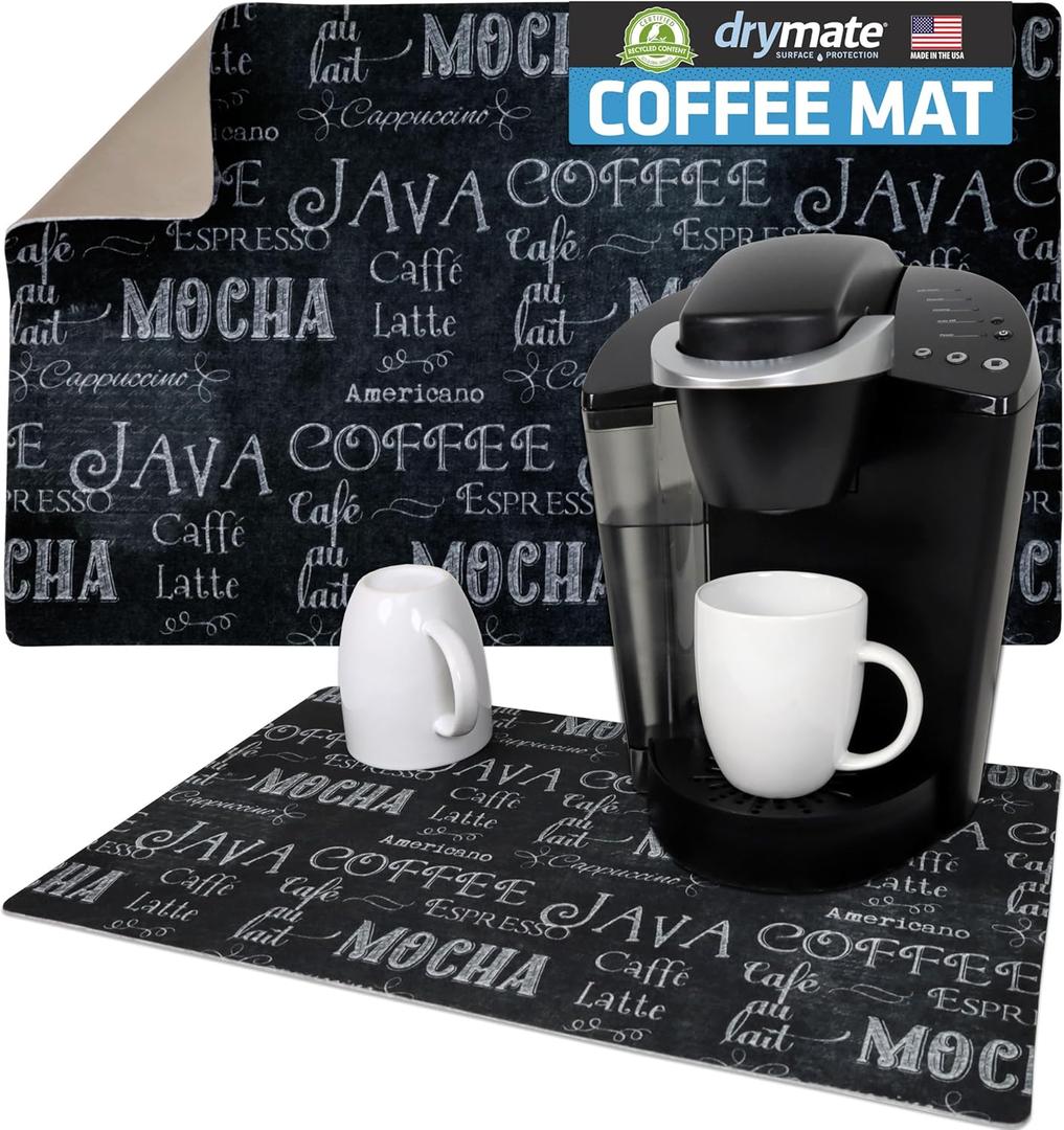 Drymate Coffee Maker Mat, (Coffee Station Bar Accessory) Protects Kitchen Countertops From Spills, Stains & Scratches, Absorbent, Waterproof, Washable (USA Made) (12 x 20) (Java Chalkboard)