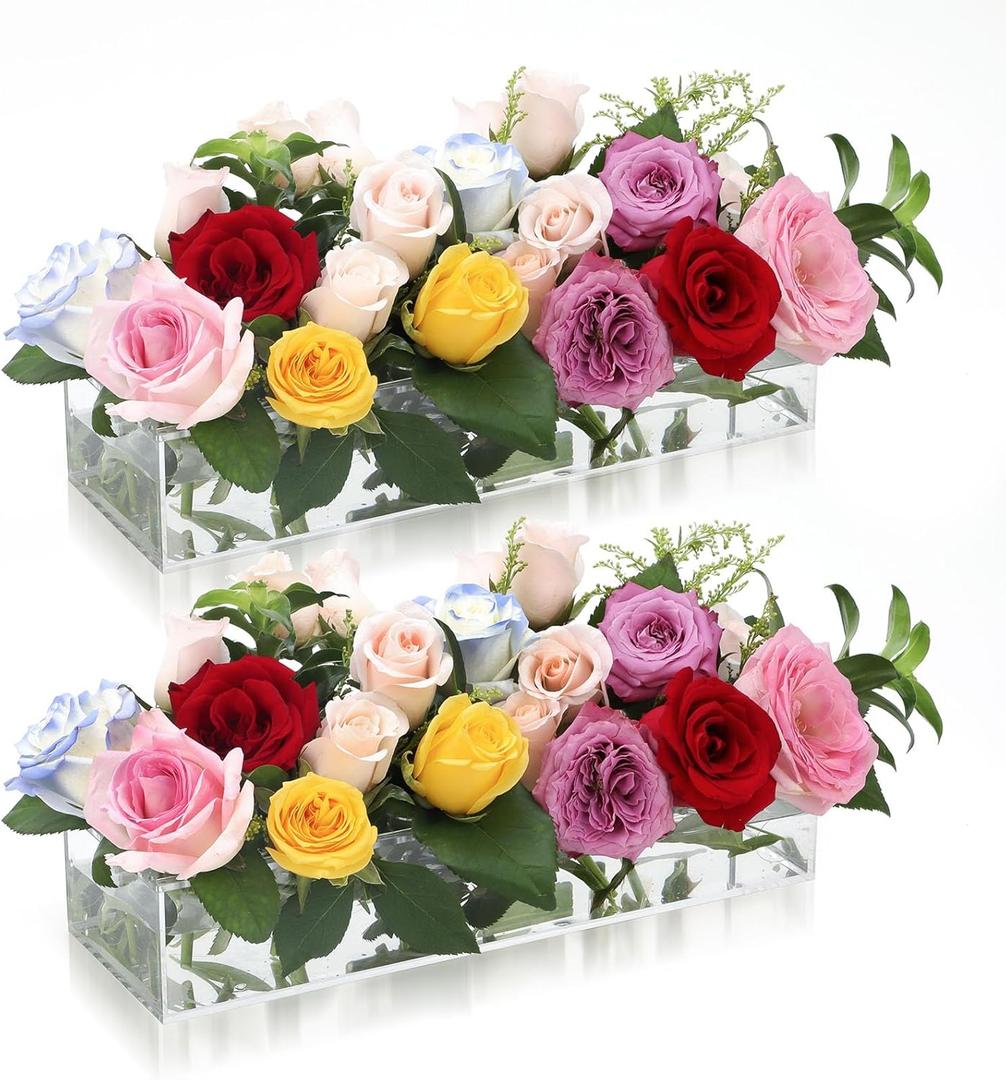 2 Pack Acrylic Flower Vase Rectangular, Clear Acrylic Flower Vase, 24 Inch Long Floral Centerpiece for Dining Table Decor, Clear Vases with 12 Holes,Modern Flower vase for Home/Wedding/Party