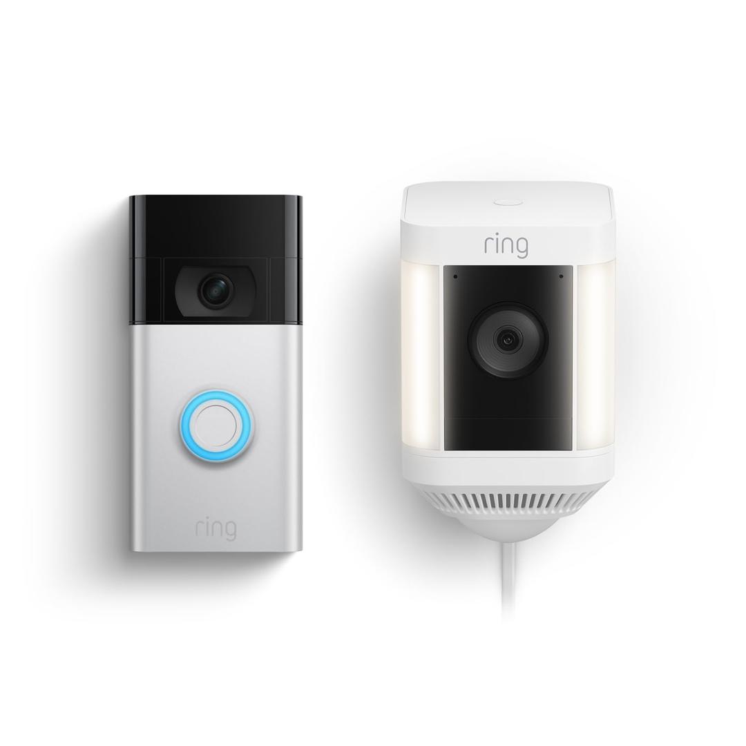 Ring Video Doorbell (Satin Nickel) with Spotlight Cam Plus, Plug-In White