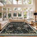 8x8 Square Area Rug Living Room, Non-Slip Floral Washable 8ft Square Rug Low Pile Thin Indoor Carpets for Dining Room Bedroom Office High Traffic Area Boho Vintage Home Decor (8ft Square, Black)