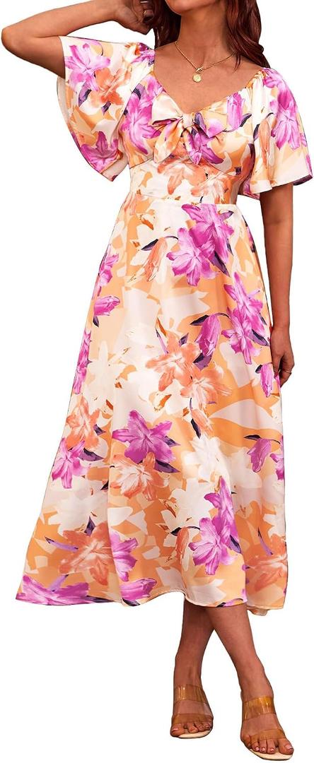 Fashionme Womens Dresses 2026 Maxi Dresses Deep V Neck Elegant Bow Tie Front Cap Sleeve Summer Floral Satin Smocked Dress