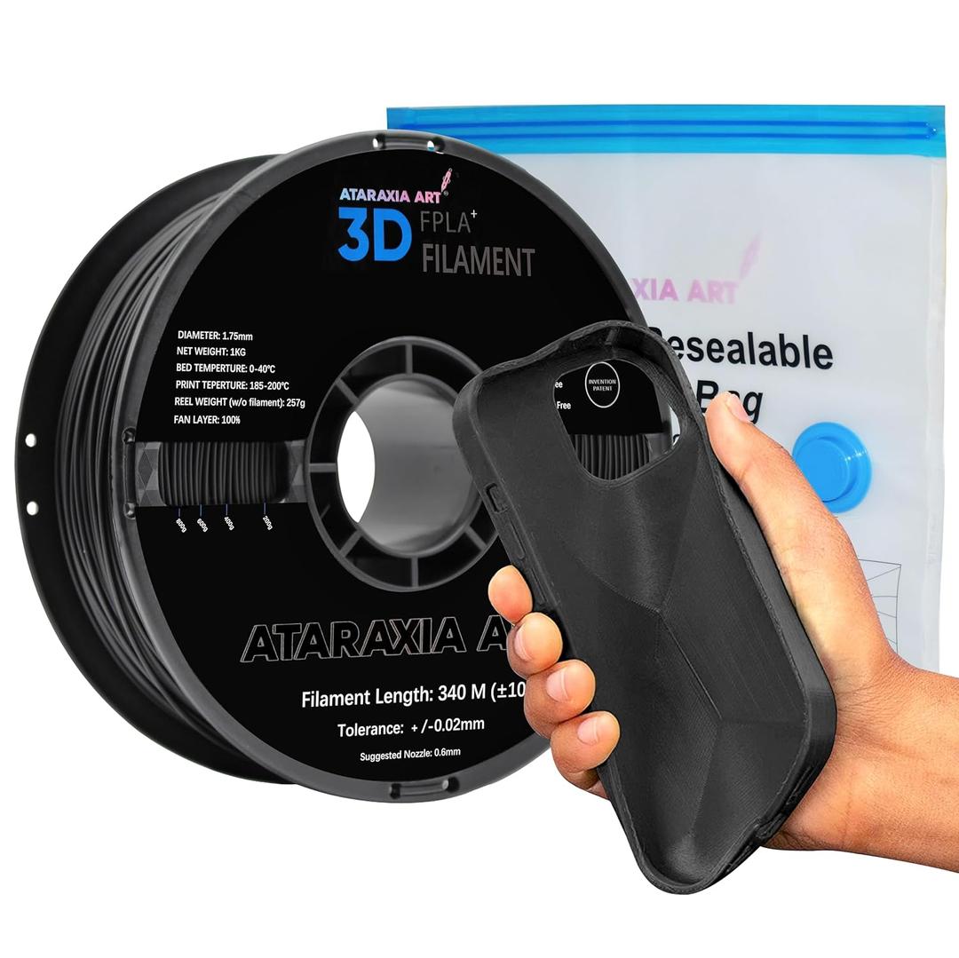 ATARAXIA ART Flexible PLA Filament 1.75mm,Flexible 3D Printer PLA 1Kg/2.2lb Spool 5X Longer Stretch,Easy Than TPU Extruder,89A Shore Hardness,.03mm Patent Formula,Filament Storage Bag, FPLA Black