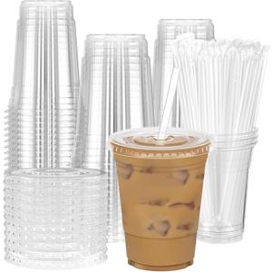 100Pcs 16 oz Plastic Cups With Lids and Straws, Disposable Clear Plastic Cups With Lids for Iced CoffeeSturdy & Food Safe Coffee Cups for Party Supply, Ideal for Home, Catering, Cold Beverages