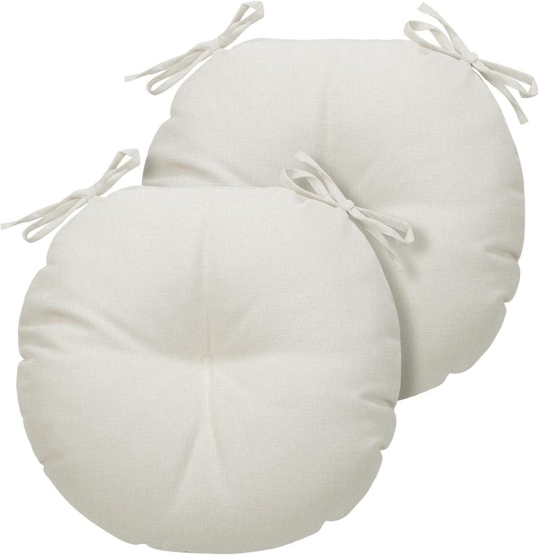 Magpie Fabrics 15" Round Bistro Seat Cushions with Ties, Set of 2, Waterproof All Weather Tufted 4" Thick Patio Chair Pads for Home Garden Dining Metal Stool - Cream Beige