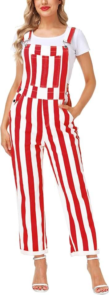 Magrank Womens Striped Bibs Overalls Cotton Denim Coveralls Stretch Jeans Jumpsuit Medium