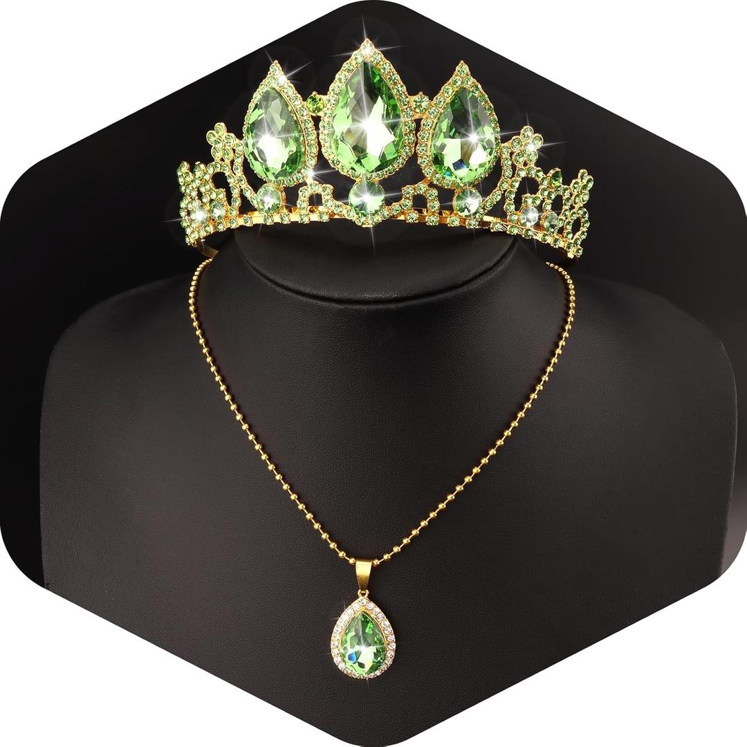 Princess Tiana Costume Tiara Set Green Crown and Necklace, Green Tiara Set, Princess Tiana Accessories for Adult Women Halloween Birthday Costume Gifts