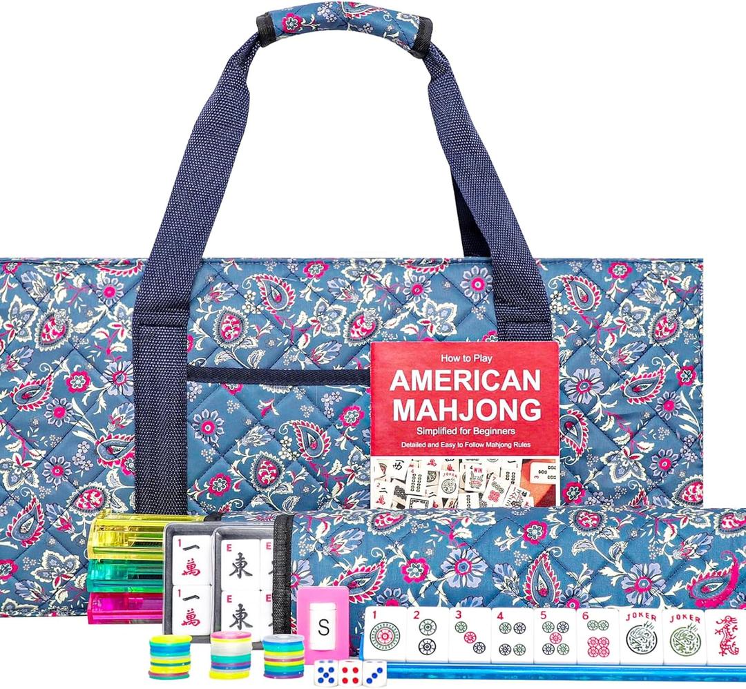 American Mahjong Set, Mahjong Game Set, 166 Tiles with Blue and Red Bag, 4 All-in-One Rack/Pushers, MaJongg Set (Mahjong, Majiang, Ma Jong)