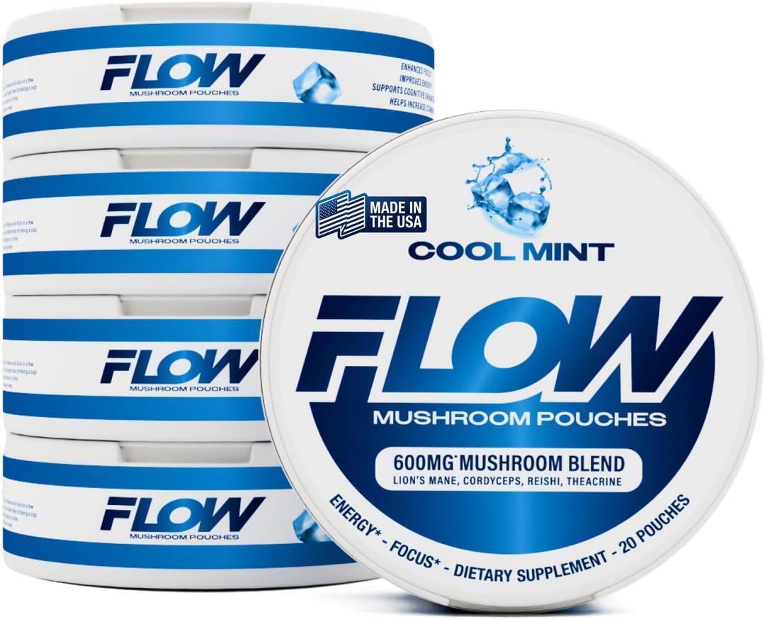 Flow Pouches Mushroom Nootropic Pouches, 600mg Lion's Mane Reishi Cordyceps Energy Pouches for Focus and Clean Energy, Caffeine Free Sugar Free Nicotine Free, Now Made in USA (5 Cans, Cool Mint)