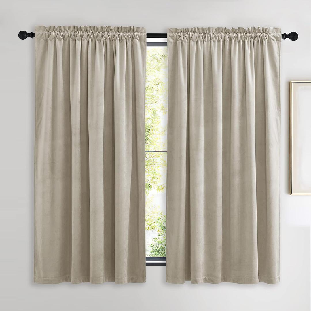 NICETOWN Camel Velvet Curtains 63 Inch Long 52 Wide, Room Darkening Vision Blocking Drapes for Bedroom Farmhouse Style Window Treatment for Apartment