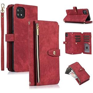 UEEBAI Case for Samsung Galaxy A22 5G, 9 Card Slots Leather Wallet Shockproof Flip Cover with Hand Strap Card Slots Zipper Pocket Kickstand Handbag Magnetic Closure - Wine Red