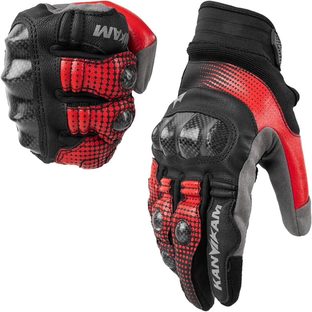 Motorcycle Gloves for ATV MTB Cycling Hiking,Carbon Fiber Shell Protection,Motocross Goatskin Leather Glove for Dirt Bike Motorbike Racing (Large, Black-Red)