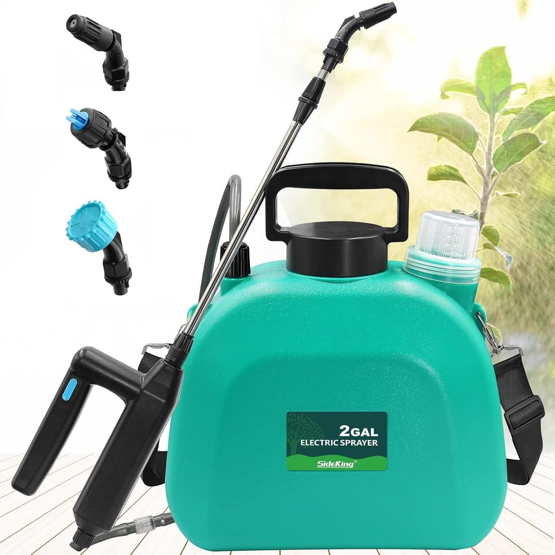 Battery Powered Garden Sprayer 2 Gallon, Powerful Electric Backpack Sprayer, Weed Yard Lawn Sprayer with 3 Mist Nozzles & Retractable Wand (Green)