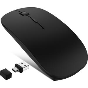 Wireless Mouse for MacBook Air Pro Mac iPad, Bluetooth Rechargeable Laptop Mice with Jiggler Mode, Silent 3 Mode Bluetooth 5.2/3.0 & 2.4G USB-A & USB-C Receiver Portable Mouse, Matte Black