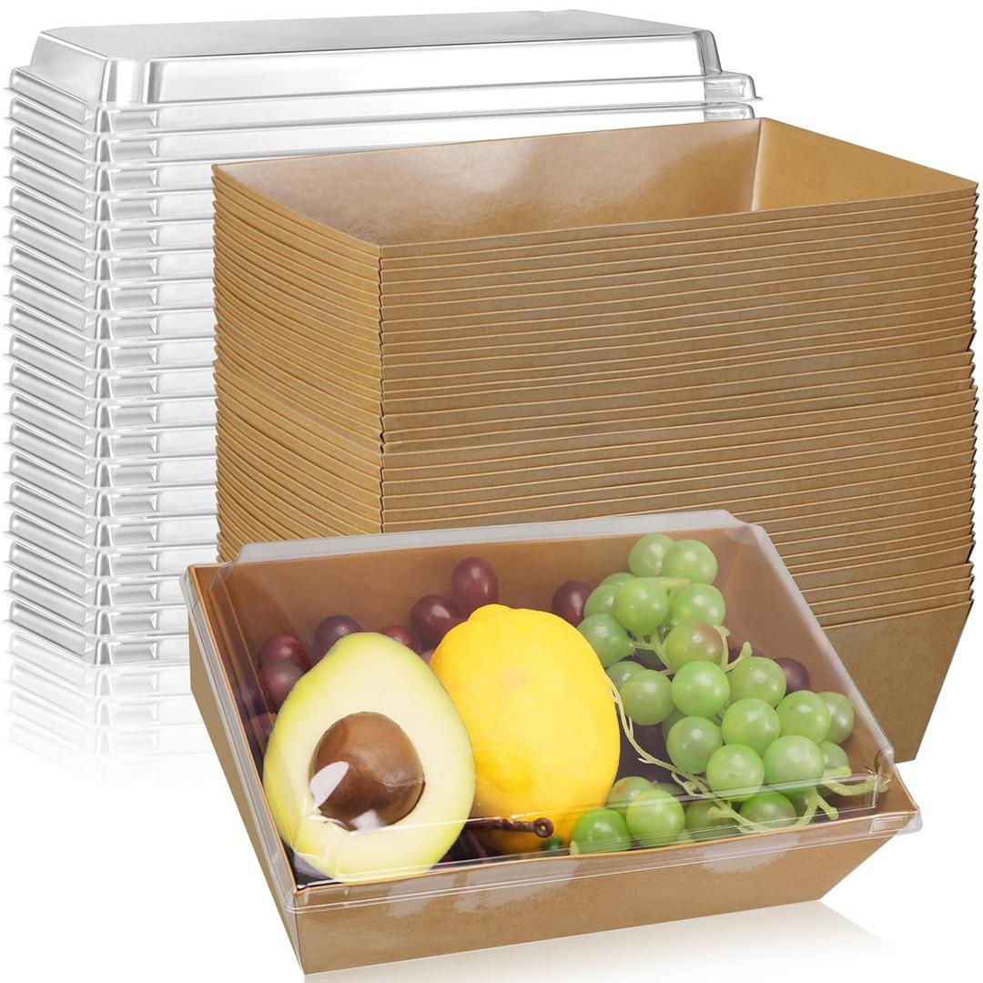 ReliThick 50 Pack 8x6 Charcuterie Boxes with Clear Lids Large Disposable Paper Food Containers to Go Bakery Boxes Take out Boxes Bulk for Christmas Party Salad Sandwich Cake Cookies Cocoa(Kraft)