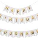 White Happy Birthday Bunting with Name: Custom Garlands with 2 set 26 Letters to Spell Name or Words DIY Birthday Banner