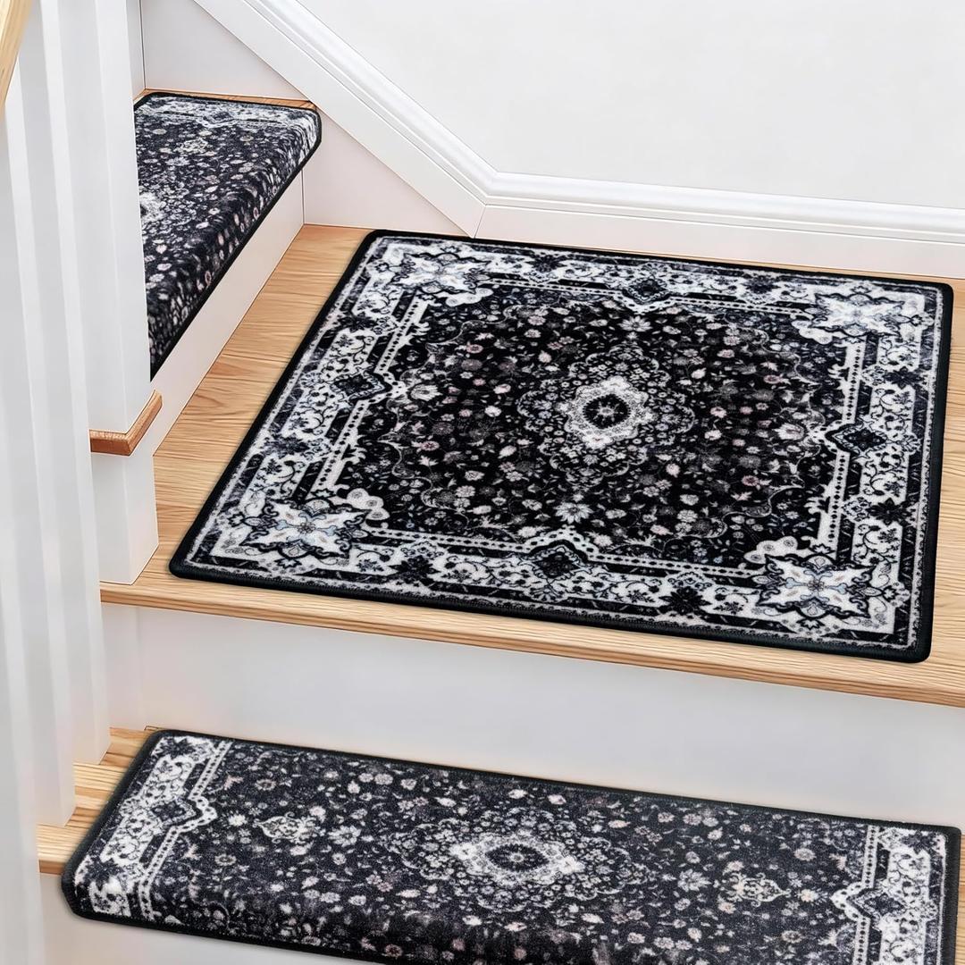 Brakki Bullnose Stair Treads for Wooden Steps, Non Slip Landing Mat, 1pc | Washable, Stair Rug for Indoor Runner and Pets, Indoor Doormat for Kitchen Bathroom, L30" x W30", Black
