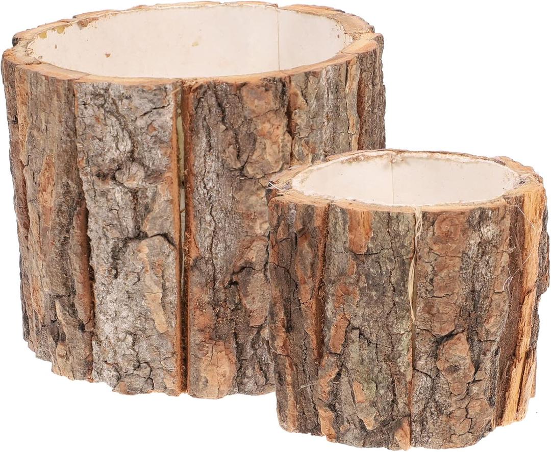 Yardwe 2Pcs Rustic Wooden Planter Pots - Natural Bark Design Flower Containers for Indoor Outdoor Decor, Succulents, Vegetables Yardwe 2Pcs Rustic Wooden Planter Pots - Natural Bark Design Flower Containers for Indoor Outdoor Decor, Succulents, Vegetables