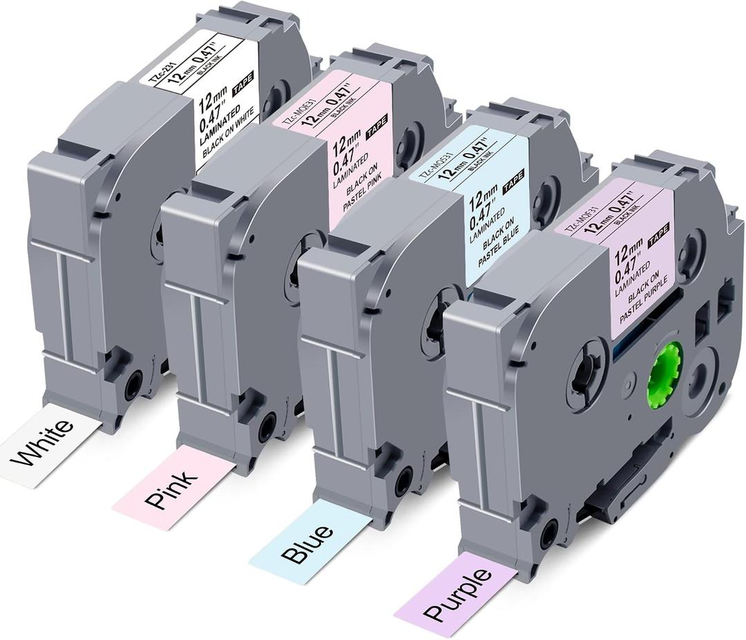 4-Pack Compatible with Brother Label Maker Tape 12mm 0.47" Laminated, TZe-231 TZe-MQP31 MQE31 MQ531 Waterproof Label Tape for P-Touch PT-D210 PT-H110 PT-D400 (White + Pastel Purple/Pink/Blue)