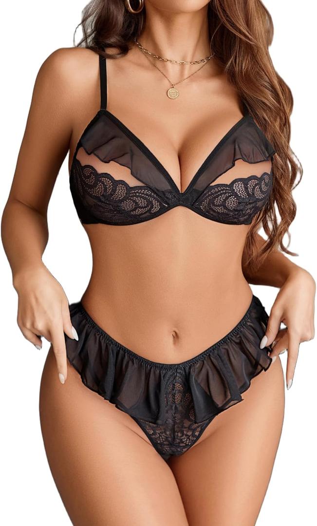 Avidlove Sexy Lingerie for Women Lace Mesh Matching Bra and Panty Sets Bralette 2 Piece Lingerie Set (Black, Small)