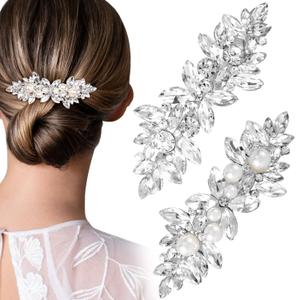 2 PCS Rhinestone Hair Clips, Metal Crystal Flower Hair Barrettes, Silver Plated Rhinestone Hair Jewelry, Bridal Hair Accessories for Women, Wedding, Party