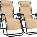 Sweetcrispy Zero Gravity Chairs, Set of 2 Portable Recliner Beach Camping Patio Outdoor Folding Lounge Chair with Cup Holder Trays and Adjustable Pillow for Poolside, Garden, Backyard, Lawn, Khaki