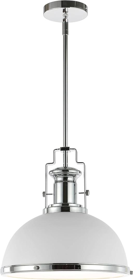 JONATHAN Y 13" Chrome/White Modern Industrial Iron LED Dome Pendant Light, Adjustable Hanging Fixture for Kitchen Island or Entryway, White Metal Shade, LED Bulb Included (JYL9536C)