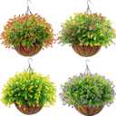 Lyrow 4 Pack Artificial Hanging Flowers with Baskets Outdoors Faux Flowers with 12 Inch Coconut Lining Baskets Realistic Artificial Hanging Plants for Patio Lawn Garden Decor