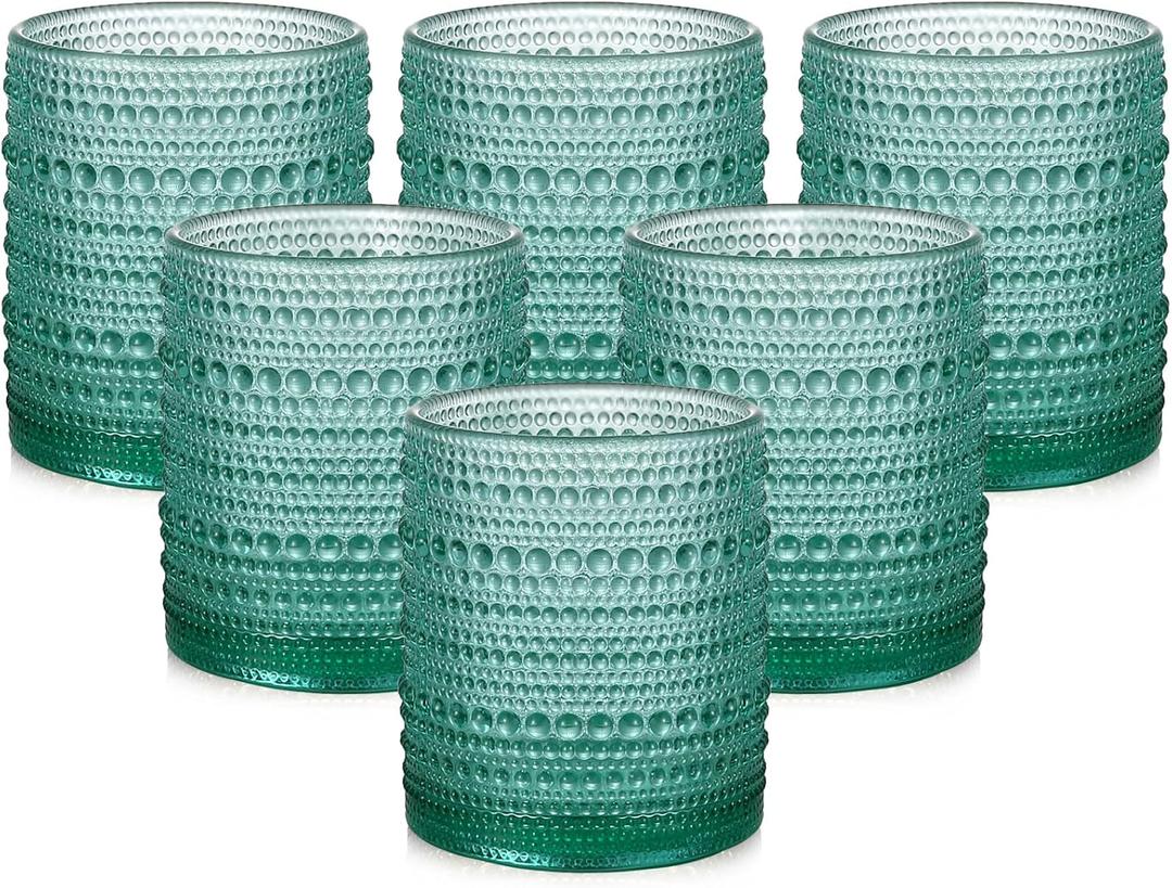 Vintage Glassware Drinking Glasses Set of 6,12 oz Hobnail Glass Cups,Embossed Lake Blue Water Tumbler,for Beer,Cocktail,Whiskey,Juice and Various Mixed Drinks- 1 Cleaning Brush