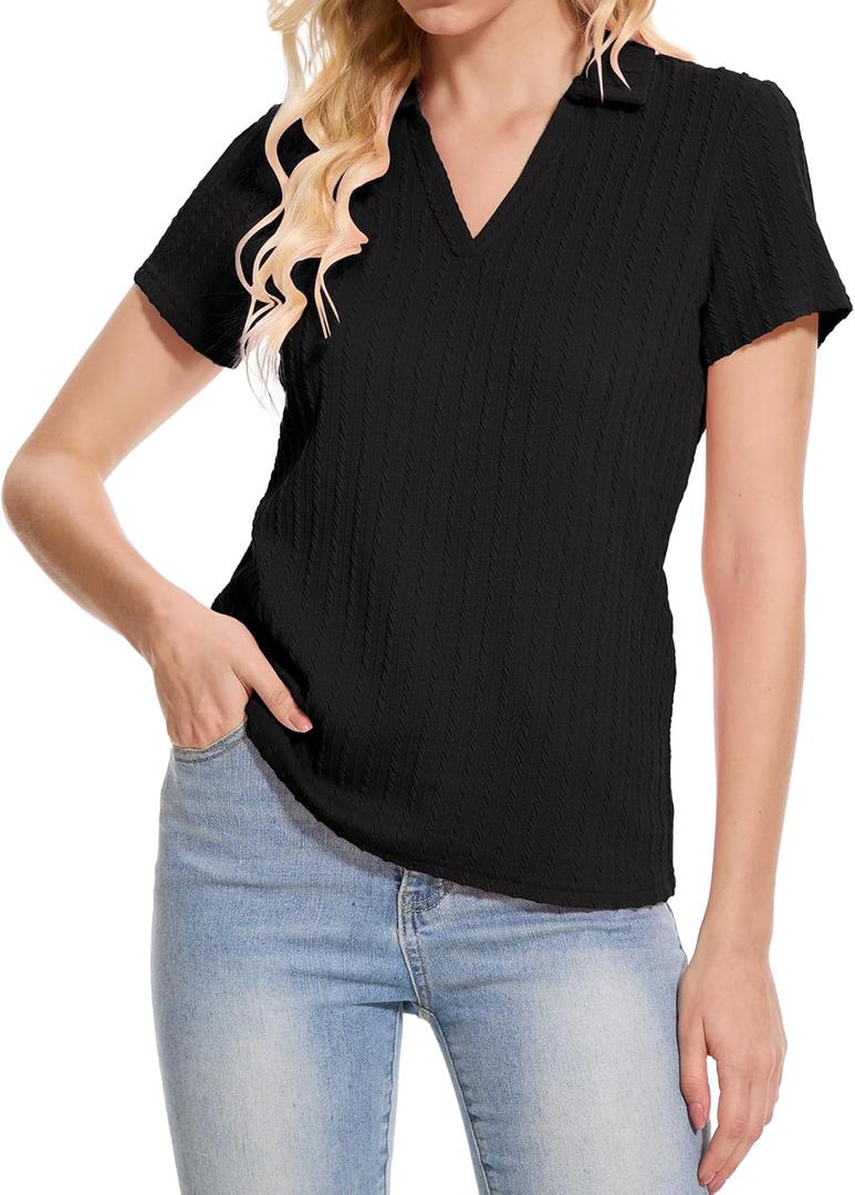 YuKaiChen Women's Polo Shirts Casual Summer Collared Tops Short Sleeve Knit Tops V Neck (Medium, Black)
