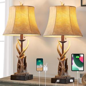Antler Table Lamps Set of 2 with USB A+C Ports for Bedroom Farmhouse Deer Rustic Bedside Lamps with Faux Leather Bell Shade for Living Room End Table Hunting Themed Cabin Lamp Pull Chain