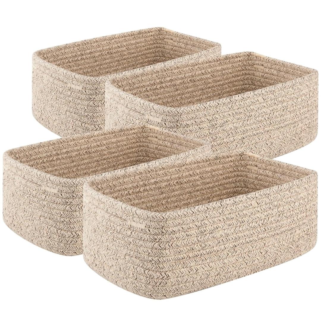 OIASKET 4 Pack Small Storage Shelf Baskets for Organizing, Mini Woven Rope Storage Bins for Towels, Cute Decorative Closet OrganizerBaby Nursery, Gift Empty Baskets -11.81''Lx7.87''Wx4.72''H'-Brown