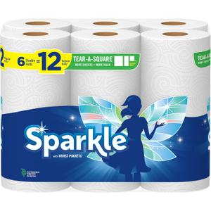 Sparkle Tear-A-Square Paper Towels, 6 Double Rolls : 12 Regular Rolls (3 Packs of 2)