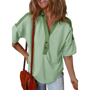 Dokotoo Womens Summer Shirts Casual Short Sleeve 1/4 Button Solid Collar Neck Curved Hem Pullover Sweatshirts Tops (Green, L)