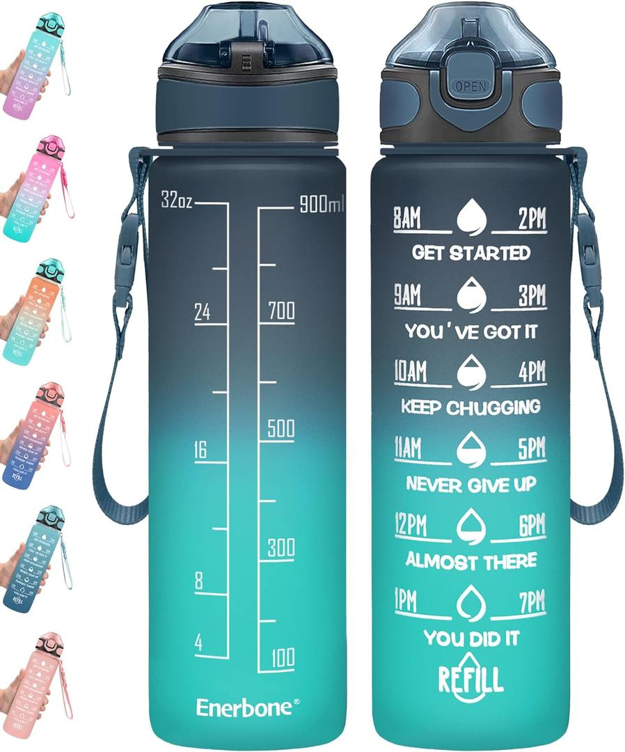 Enerbone 32 oz Drinking Water Bottle with Times to Drink and Straw, Motivational with Carrying Strap, Leakproof BPA & Toxic Free, Ensure You Drink Enough Water for Fitness Gym Outdoor (Navy Blue Green)
