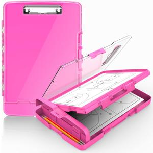 Sooez Original Clipboard with 2 Storage & Pen Holder, Heavy Duty Clip Boards 8.5x11 with Dual Storage, Clearview Dry Erase Coach Clipboard with Real Hinge, High Capacity, School & Office Supplies (Pink)