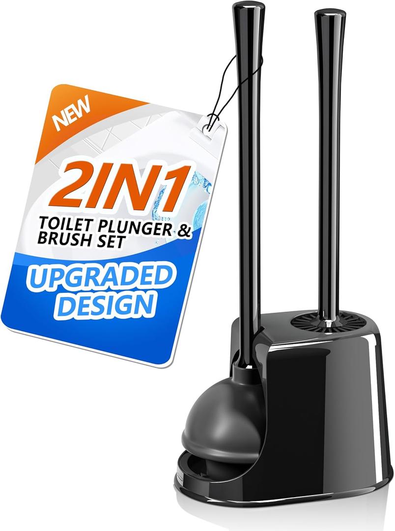 Toilet Plunger and Brush with Holder, Toilet Brush and Plunger Set for 5.3-inch Toilet Drain, 2-in-1 Bathroom Cleaning Combo with Caddy Stand(Black)