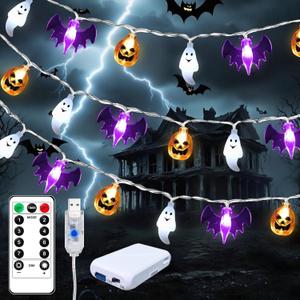 Halloween String Lights - 16FT 30 LED Pumpkin Bat Ghost Battery/USB Operated with Timer, Waterproof, 8 Lighting Modes for Indoor Outdoor Window Decor Halloween Party Lights