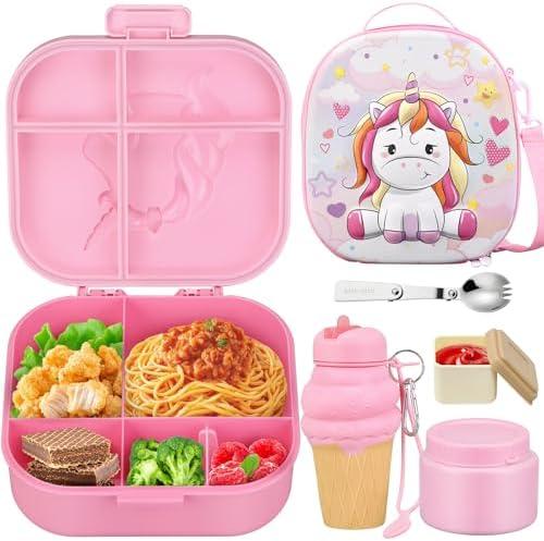 Aimsnk Kids Lunch Box Set -12oz Insulated Food Jar, Thermal Bag,Leakproof Lunch Food Containers Cutlery (BPA Free)-Gift for Girls/Boys Age 3-10(Pink+Pink Jar)