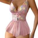 Lilosy Sexy Bows Floral Lace Mesh Babydoll Lingerie Romper (Pink, S)
