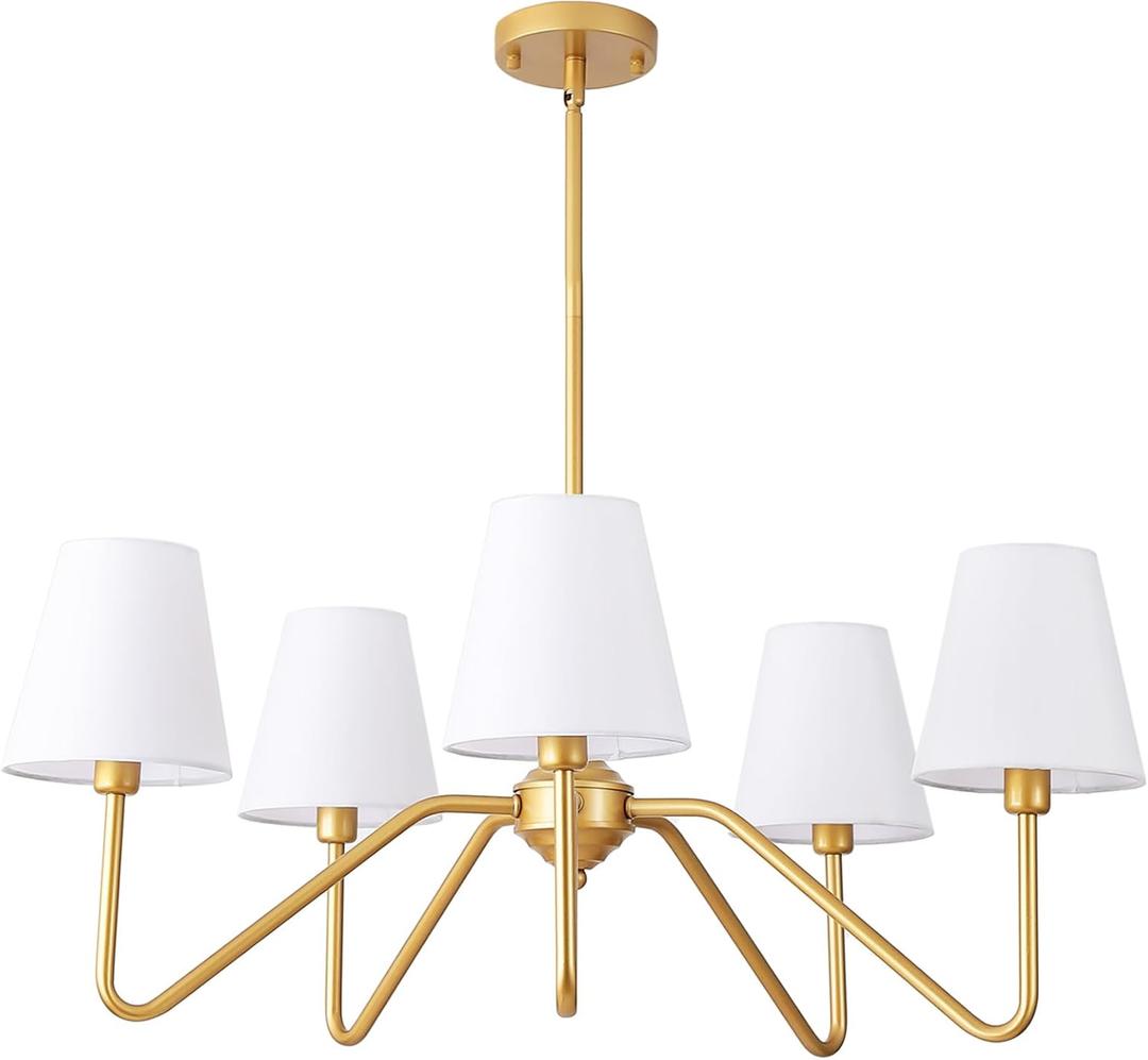 9MMML 30.5" 5 Arms Gold Chandelier, 5 Lights Kitchen Island Lighting with White Fabric Shade,Dining Room Light Fixture for Hallway Entryway Foyer Living RoomE12