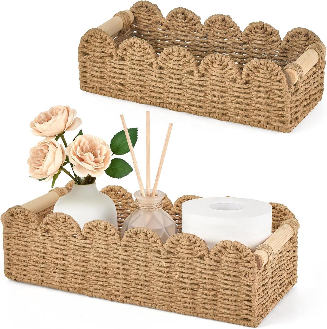Dahey 2 Pcs Toilet Paper Storage Basket for Bathroom Woven Paper Rope Scalloped Edge Toilet Tank Basket with Handles for Organizing Over Toilet Storage Shelf Countertop Living Room Bedroom Home Decor