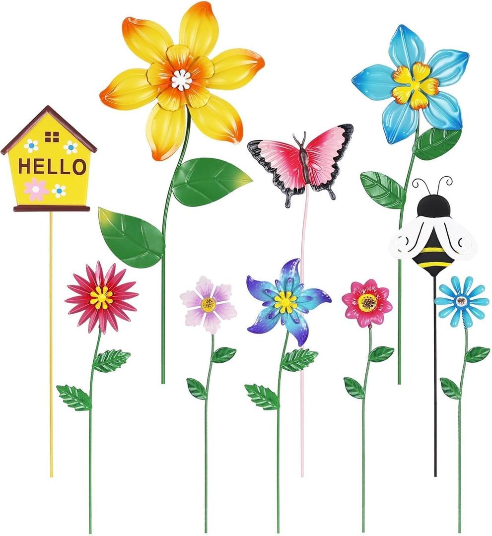 Hogardeck Garden Decor for Outside, Set of 10 Metal Flowers Decorative Garden Stakes for Spring Decor, Gardening Gifts for Women Mom Grandma Wife, Yard Art Outdoor Lawn Porch Pathway Decorations