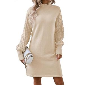Sovoyontee Women's 2025 Fall Long Sleeve Mock Neck Sweater Dress Casual Loose Ribbed Knit Mini Short Pullover Dresses Apricot, XL