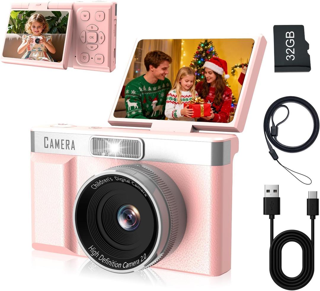 Kids Digital Camera FHD 1080P Digital Camera for Kid with 32GB Card,2'' Flip 180 Screen with Support for Selfie Vlog Cam,Compact Camera with Flash,Birthday for Kids Boys Girls.