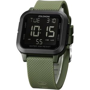 Mens Digital Watch for Men, Stainless Steel Square Watches, Mens Wrist Watches Waterproof Large Face Dual Time Date Watch (Green)