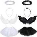 6 Pcs Halloween Angel Costume Set Feather Wings Wreath Headband Set 3 Layered Tulle Tutu Skirt Black and White Angel Costume for Girls Kids Halloween Xmas Cosplay Party Accessory