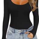REORIA Women's Sexy Basic Scoop Neck Long Sleeve Double Lined Layering Slim Bodysuit Tops (Black, S)
