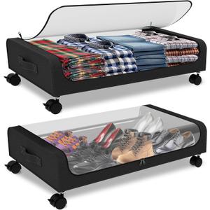 Linxin Under Bed Storage with Wheels, 2Pack Underbed Storage Containers with Clear Lid, 60L Under the Bed Storage Bins Rolling Underbed Storage Organizer for Shoes, Clothes, Blankets