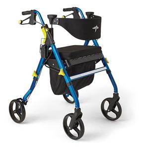 Medline Premium Empower Folding Mobility Rollator Walker with Memory Foam Seat, Black & Blue, 300 lb. Weight Capacity, 8” Wheels, Cupholder, Rolling Walker for Mobility Impairment, Adjustable Handles