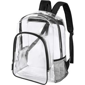 Clear Backpack Heavy Duty - 16x12x6 in Large Transparent Backpacks for School, College, Work - See Through PVC Plastic Bookbag for Girls Boys (Black)